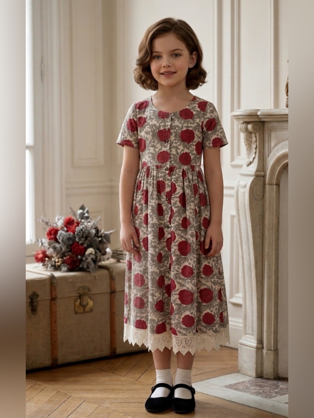 Utsa Girls Floral Red & Cream Cotton Dress with Lace Hem